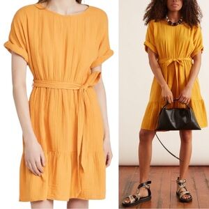 LN Xirena Aiden Crinkly Gauze Tie Waist Belted Mini Dress in Sun - S